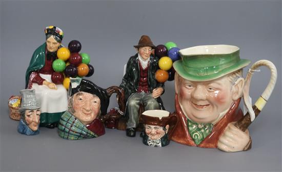 Two Royal Doulton figures, The Old Balloon Seller and Balloon Man, a Beswick Toby Weller jug and three small character jugs tallest
